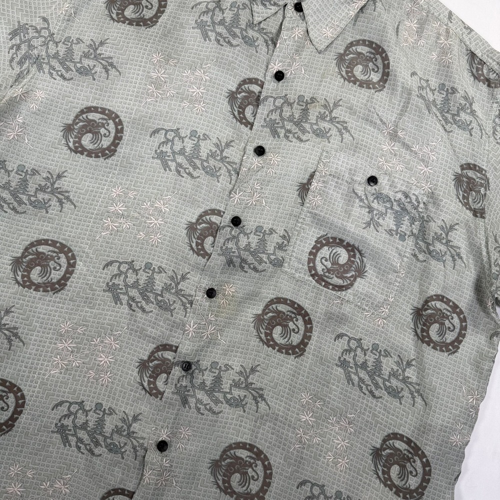 Bruno 100% Silk Button Up Shirt XL Gray Dragon Print Camp Hawaiian Y2K - Picture 8 of 9